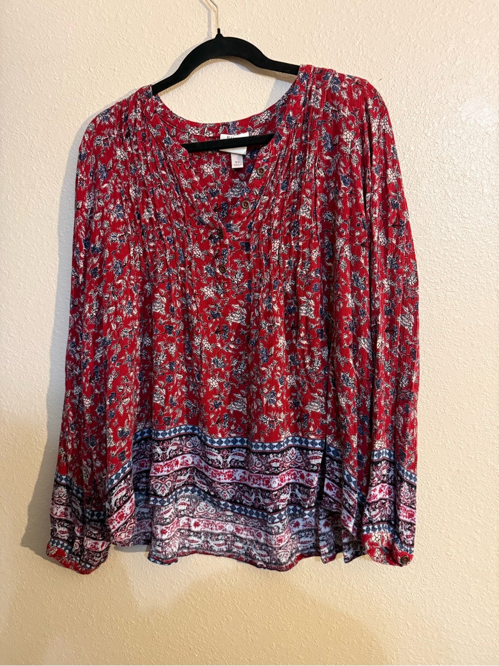 Knox Rose Red Floral V-neck Long-Sleeve Boho Blouse XL 100% Rayon